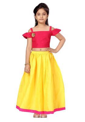 Pink Solid Silk Lehenga Set For Girls