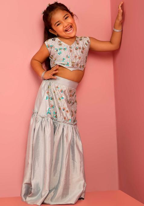 Grey Embellished Silk Lehenga Set For Girls — view on Indya