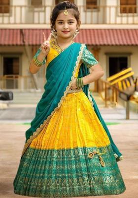 Yellow Solid Silk Lehenga Set For Girls