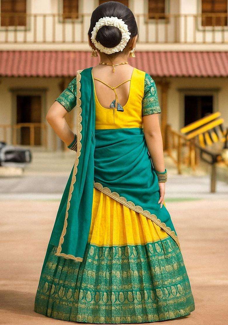 Yellow Solid Silk Lehenga Set For Girls - Indya