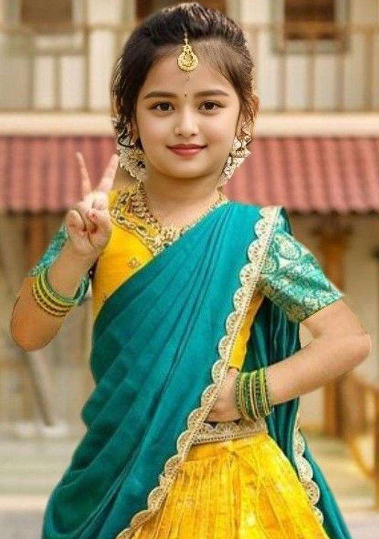 Yellow Solid Silk Lehenga Set For Girls - Indya