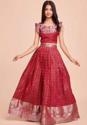 Maroon Woven Design Silk Lehenga Set For Girls