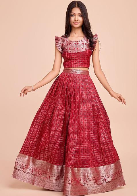 Maroon Woven Design Silk Lehenga Set For Girls — view on Indya