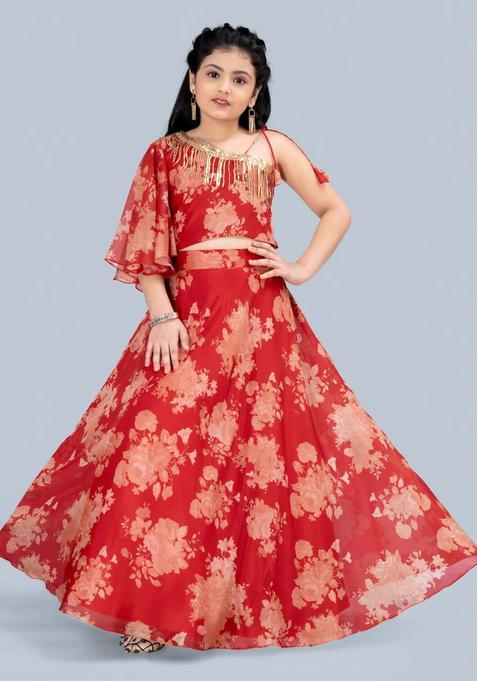 Red Printed Silk Lehenga Set For Girls — view on Indya