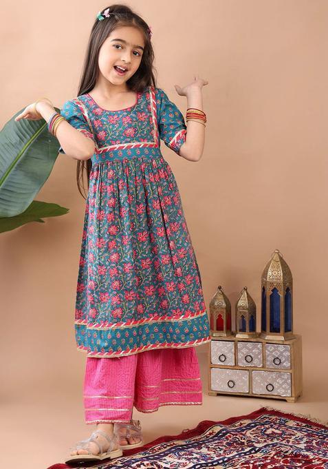 Green Printed Cotton Anarkali Kurta Set For Girls — view on Indya