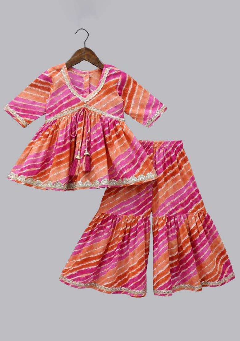 Pink Printed Cotton Anarkali Kurta Set For Girls - Indya