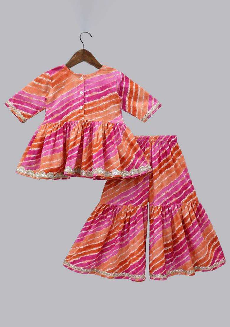 Pink Printed Cotton Anarkali Kurta Set For Girls - Indya