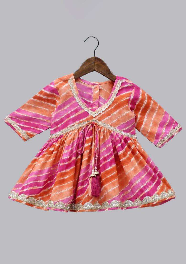 Pink Printed Cotton Anarkali Kurta Set For Girls - Indya