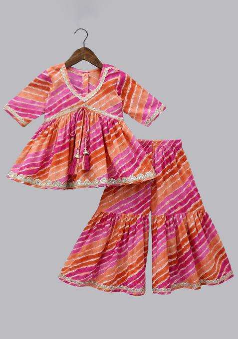 Pink Printed Cotton Anarkali Kurta Set For Girls
