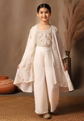 Off White Embroidered Georgette Kurta Set For Girls