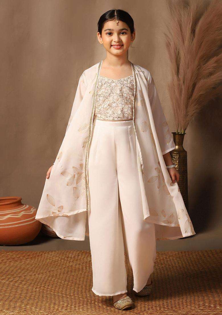 Off White Embroidered Georgette Kurta Set For Girls - Indya
