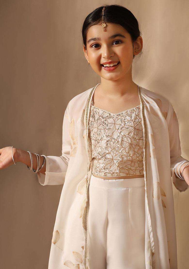 Off White Embroidered Georgette Kurta Set For Girls - Indya