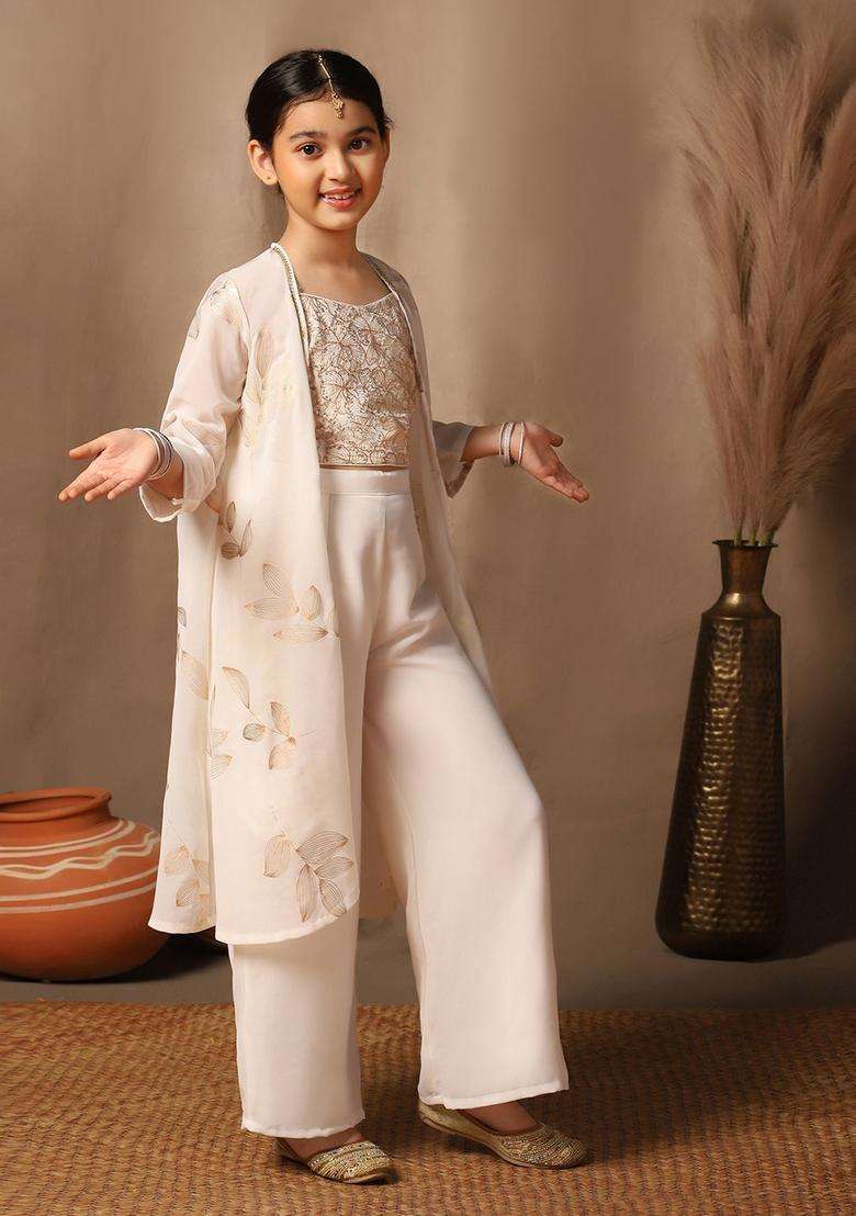 Off White Embroidered Georgette Kurta Set For Girls - Indya