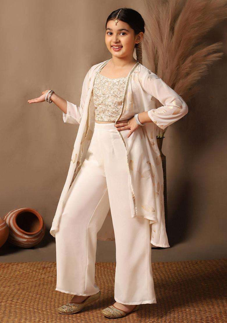 Off White Embroidered Georgette Kurta Set For Girls - Indya