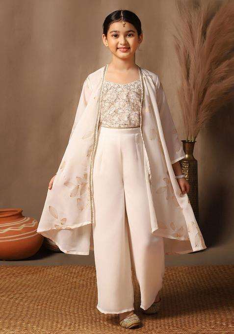 Off White Embroidered Georgette Kurta Set For Girls