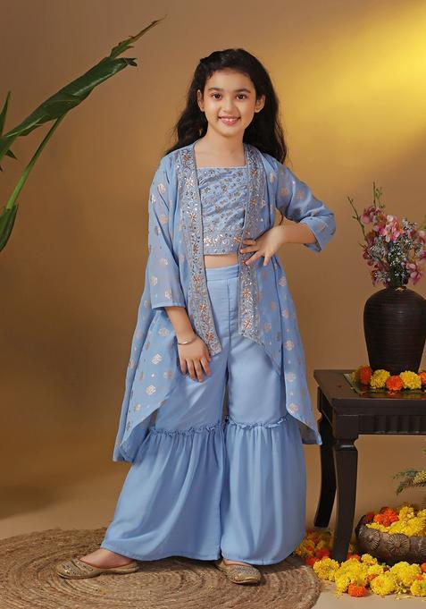 Blue Embroidered Georgette Kurta Set For Girls — view on Indya
