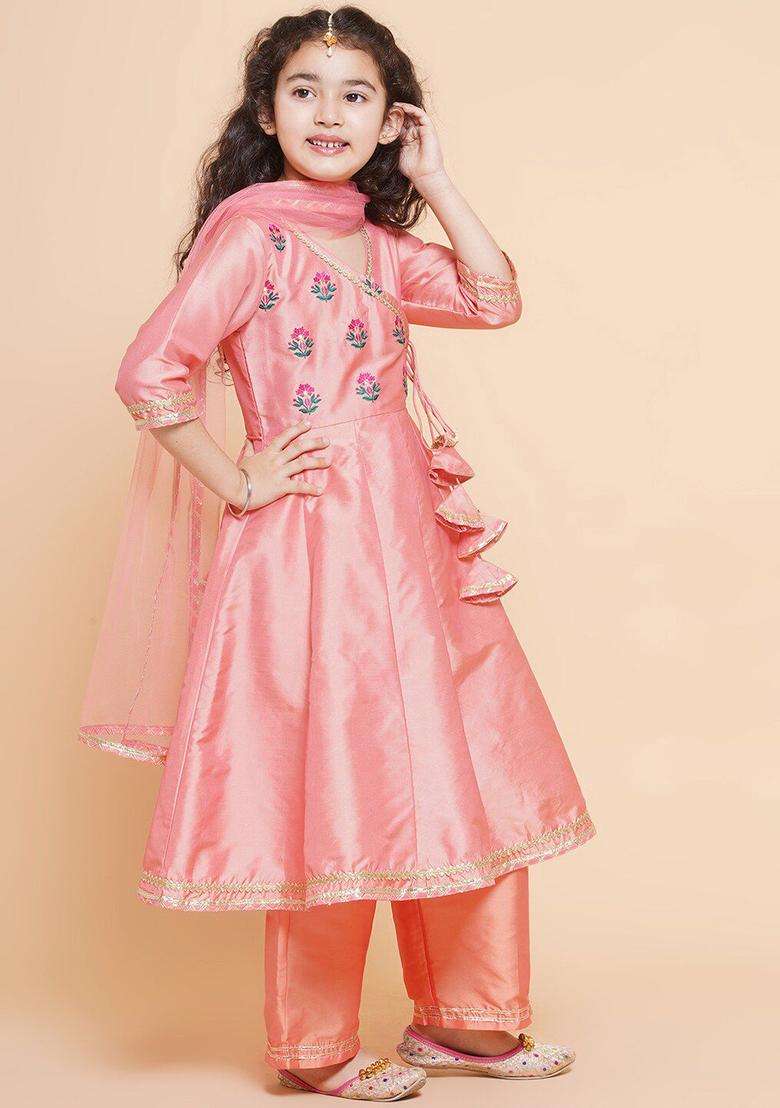 Peach Embroidered Silk Kurta Set For Girls - Indya