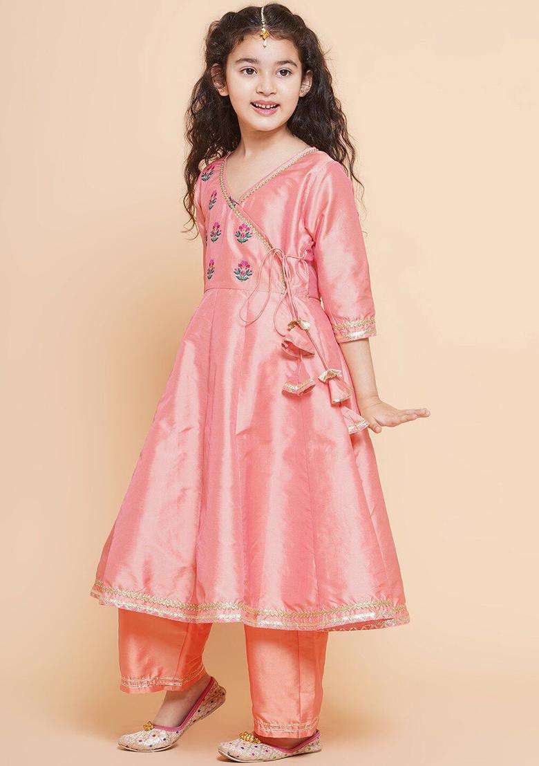 Peach Embroidered Silk Kurta Set For Girls - Indya