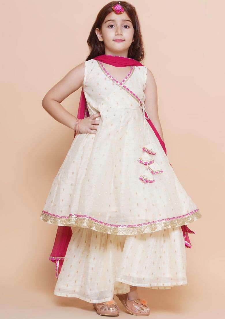 Off White Woven Design Silk Kurta Set For Girls - Indya