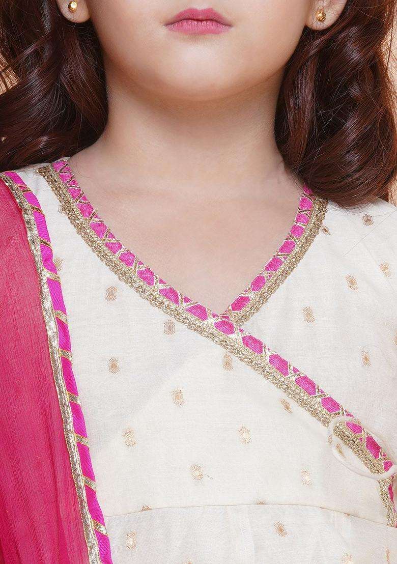 Off White Woven Design Silk Kurta Set For Girls - Indya