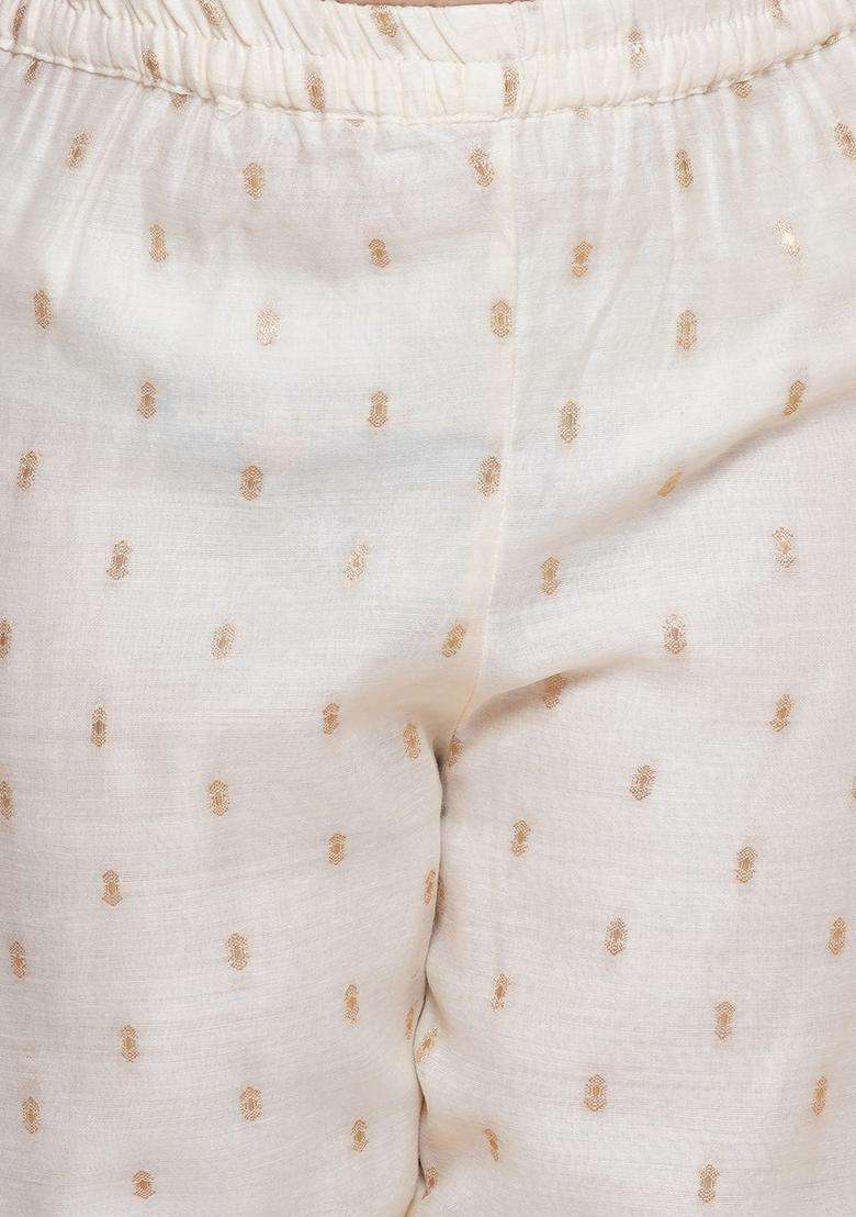 Off White Woven Design Silk Kurta Set For Girls - Indya