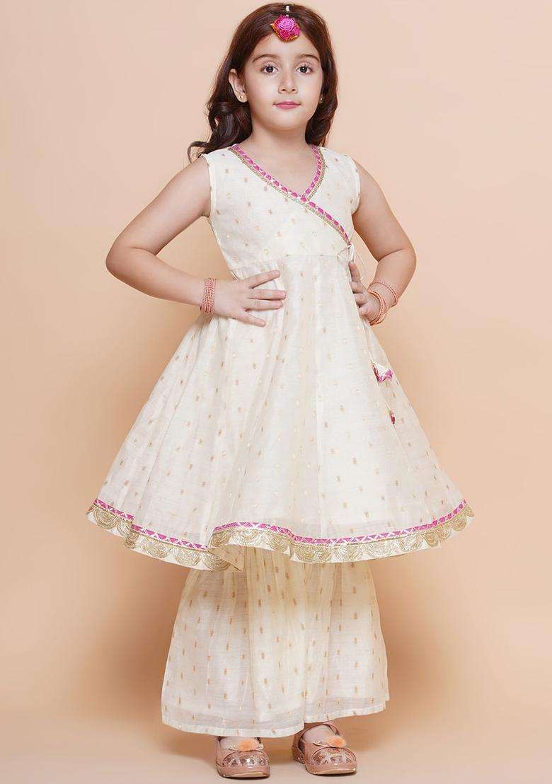 Off White Woven Design Silk Kurta Set For Girls - Indya