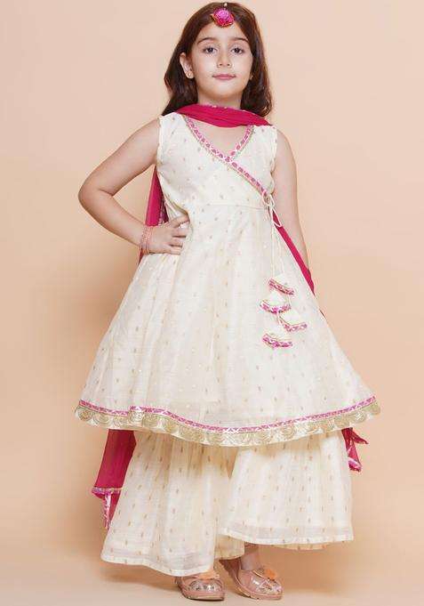Off White Woven Design Silk Kurta Set For Girls