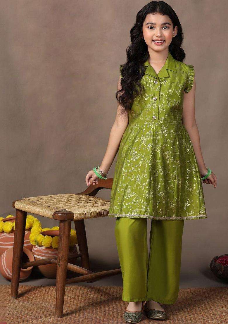 Olive Printed Silk Kurta Set For Girls - Indya