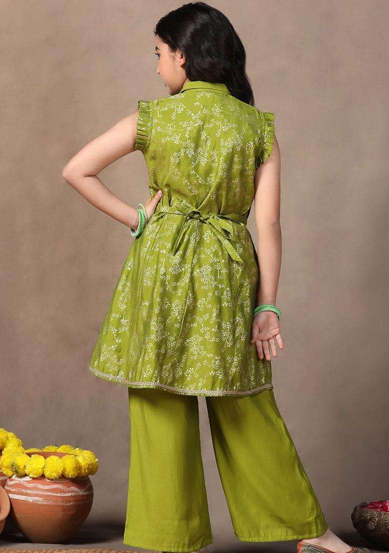 Olive Printed Silk Kurta Set For Girls - Indya