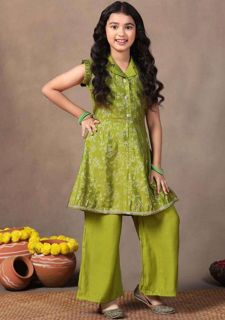 Olive Printed Silk Kurta Set For Girls - Indya