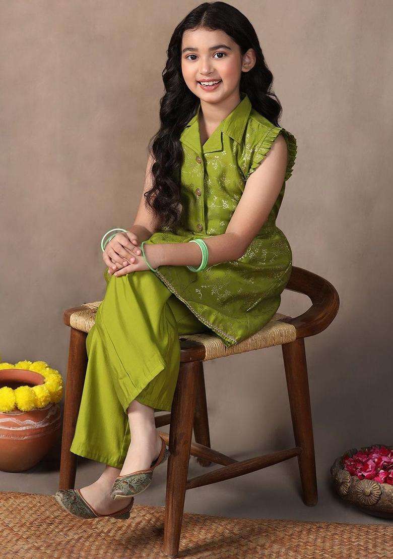 Olive Printed Silk Kurta Set For Girls - Indya