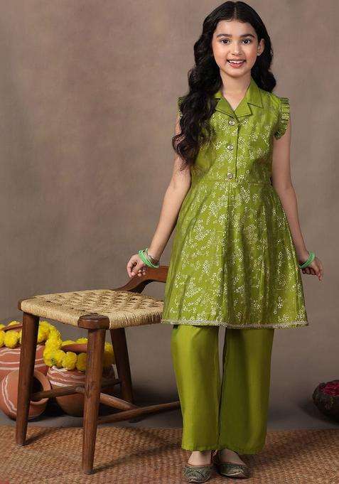 Olive Printed Silk Kurta Set For Girls