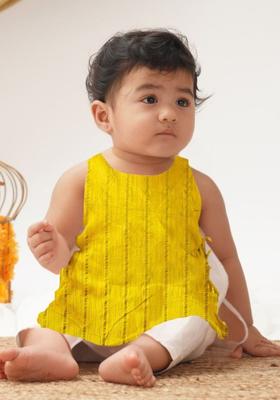 Yellow Striped Cotton Kurta Set For Girls