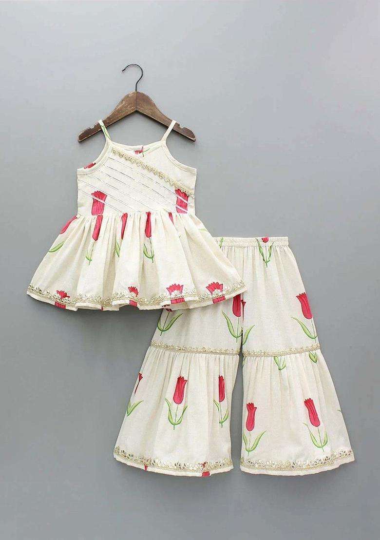 Off White Printed Silk Kurta Set For Girls - Indya