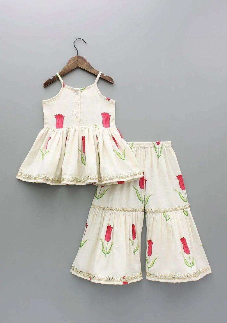 Off White Printed Silk Kurta Set For Girls - Indya