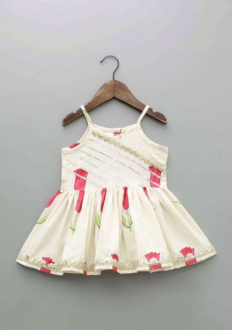 Off White Printed Silk Kurta Set For Girls - Indya