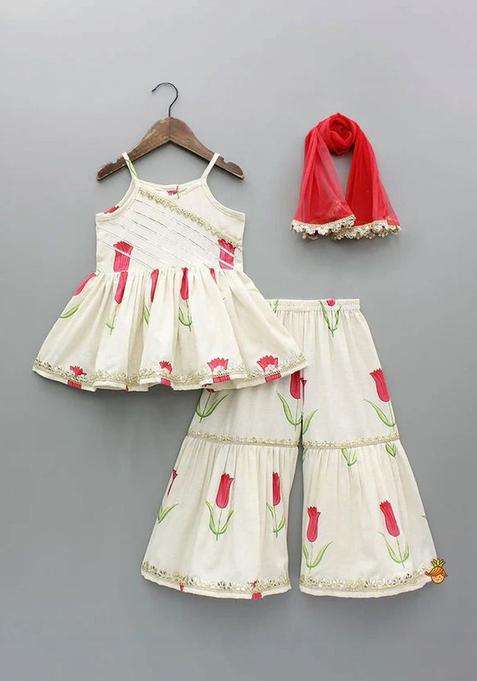 Off White Printed Silk Kurta Set For Girls