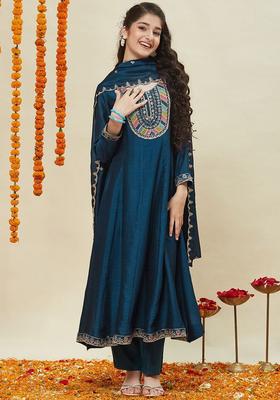 Teal Embroidered Silk Anarkali Kurta Set For Girls