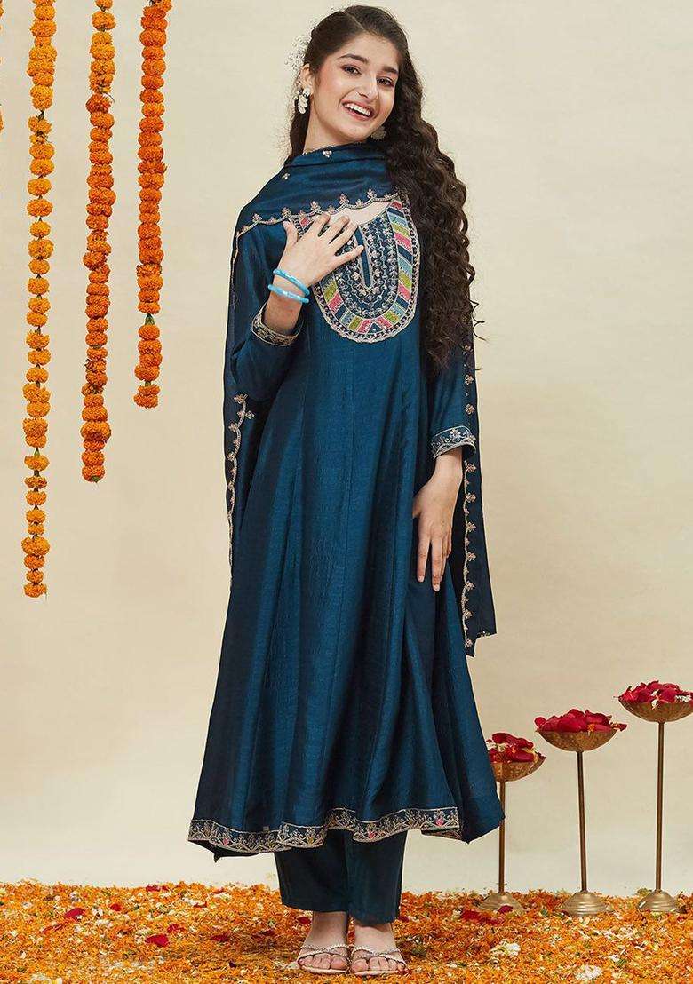 Teal Embroidered Silk Anarkali Kurta Set For Girls - Indya