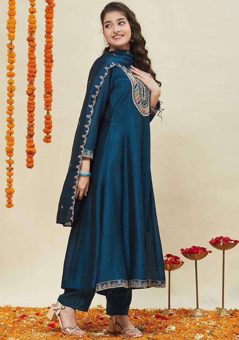 Teal Embroidered Silk Anarkali Kurta Set For Girls - Indya