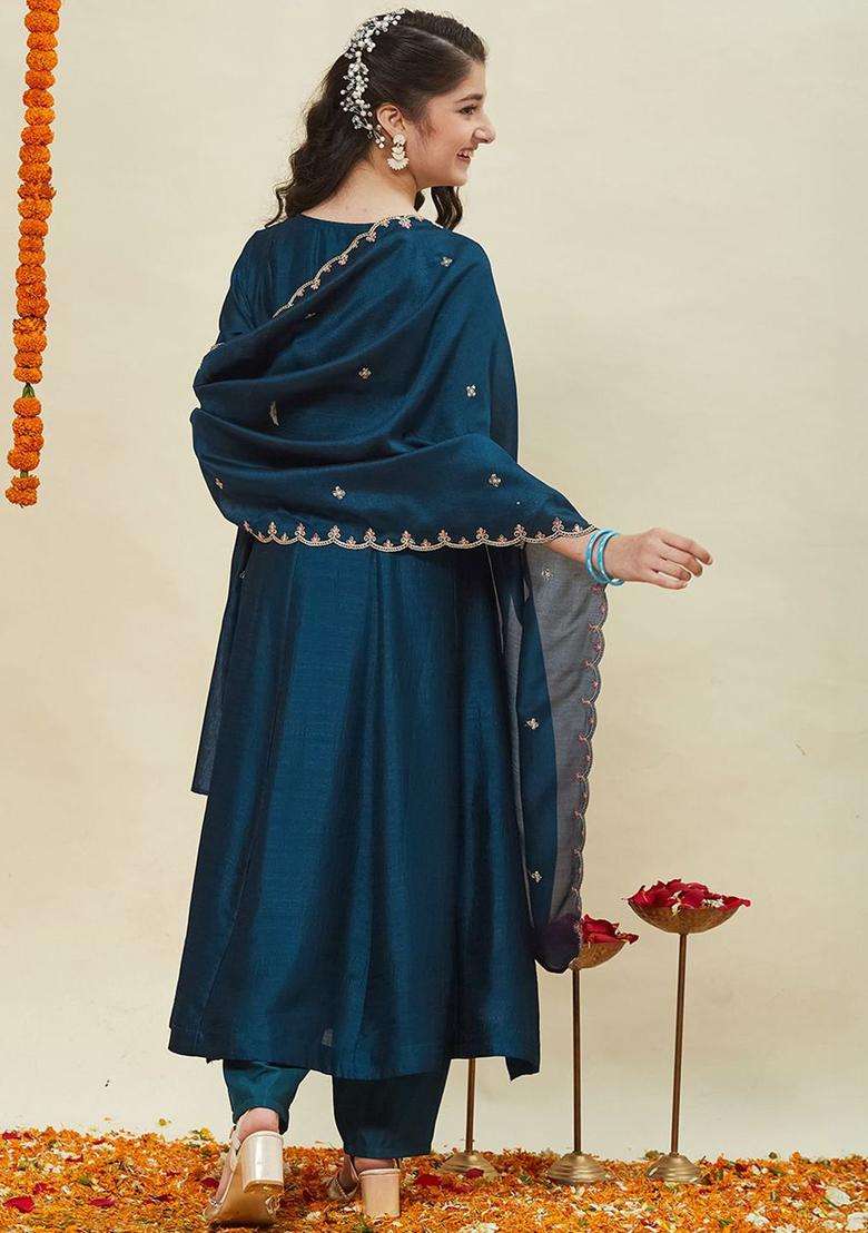 Teal Embroidered Silk Anarkali Kurta Set For Girls - Indya