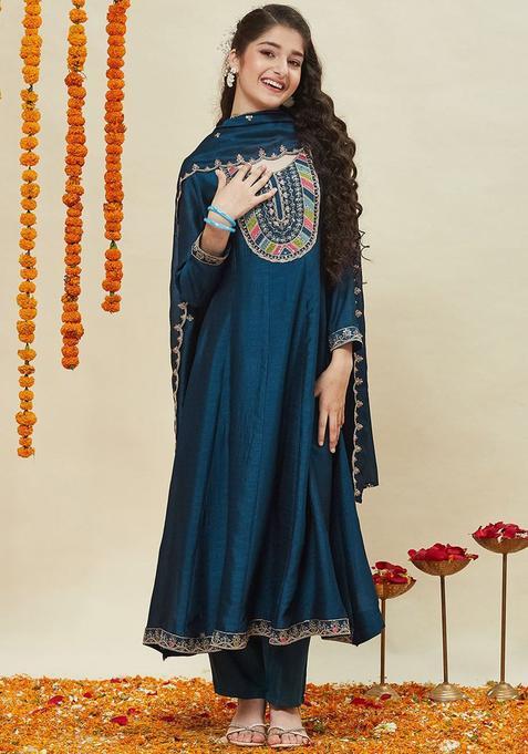Teal Embroidered Silk Anarkali Kurta Set For Girls — view on Indya