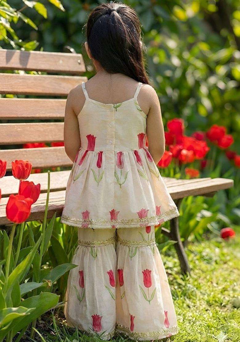 Off White Printed Silk Kurta Set For Girls - Indya