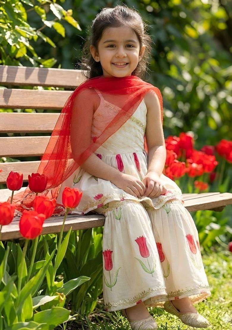 Off White Printed Silk Kurta Set For Girls - Indya