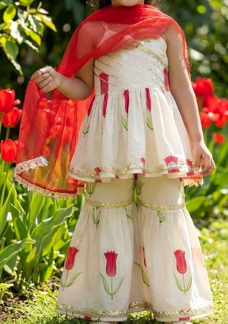 Off White Printed Silk Kurta Set For Girls - Indya