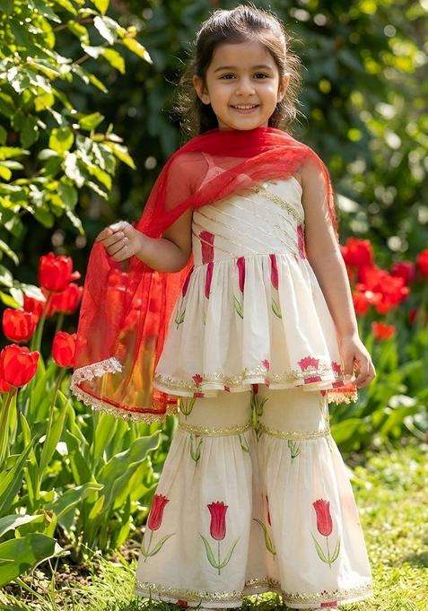 Off White Printed Silk Kurta Set For Girls