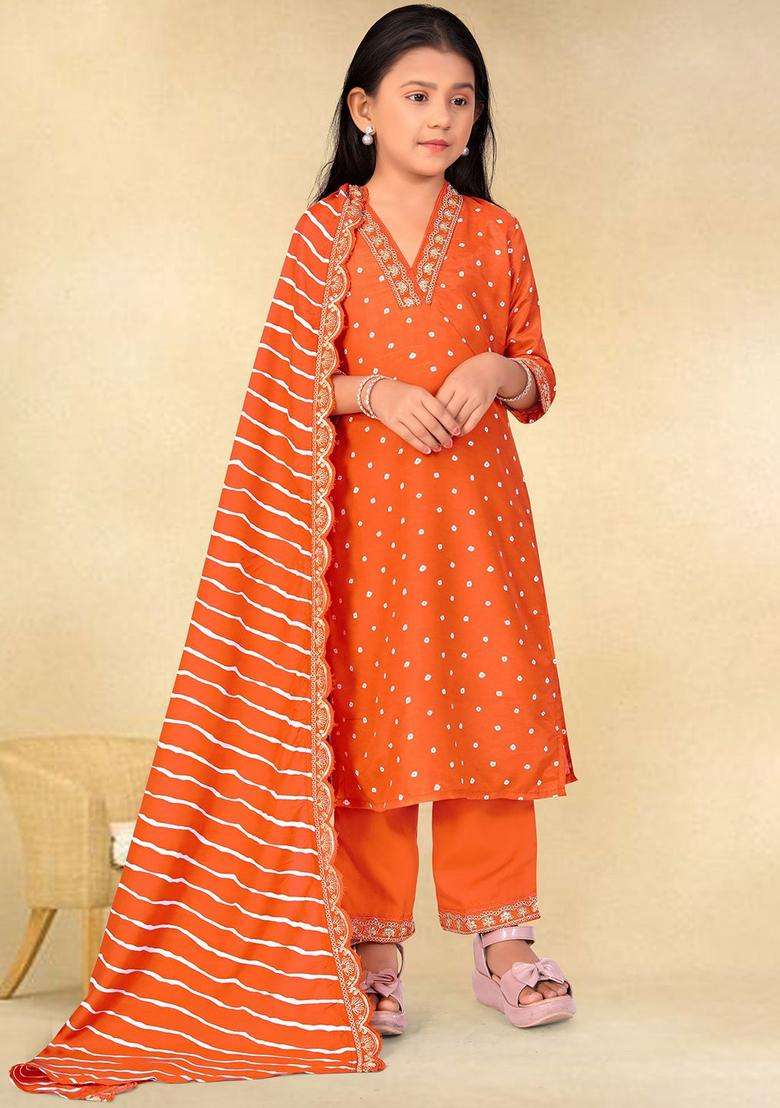 Rust Embroidered Silk Kurta Set For Girls - Indya