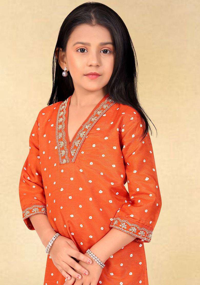 Rust Embroidered Silk Kurta Set For Girls - Indya