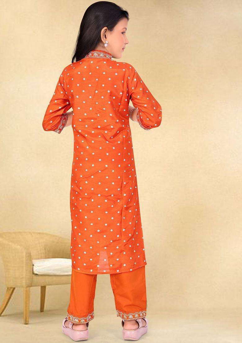 Rust Embroidered Silk Kurta Set For Girls - Indya
