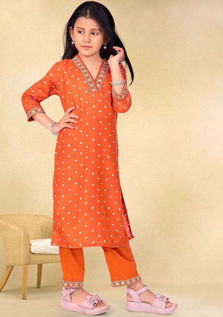Rust Embroidered Silk Kurta Set For Girls - Indya